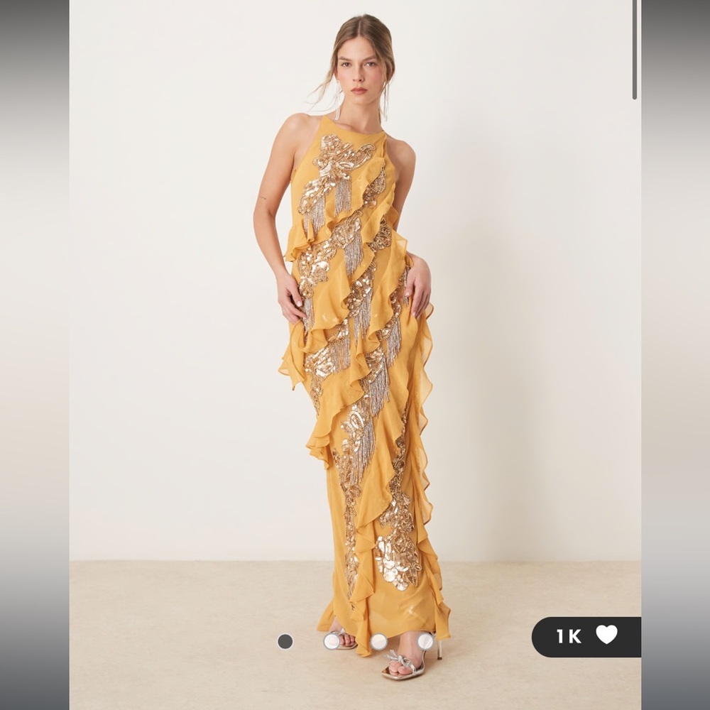 ASOS DESIGN racer neck embellished ruffle maxi dress in marigold
